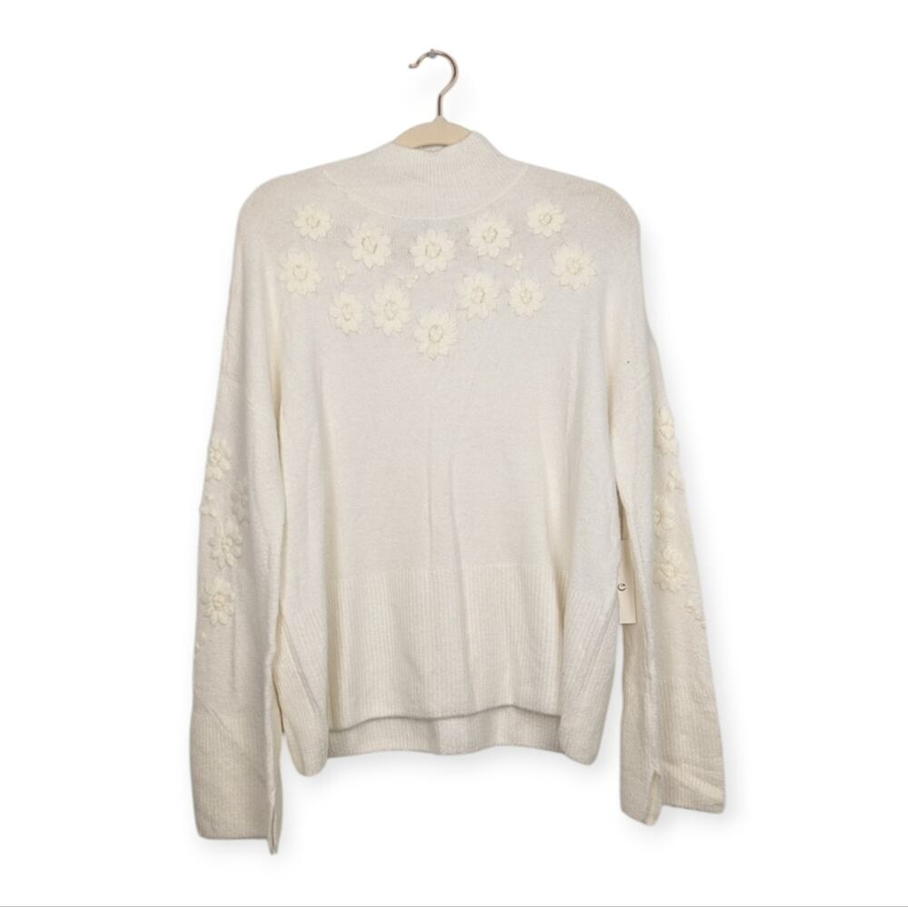 CeCe Mock Neck Sweater M Antique White Floral Knit Long Sleeve Feminine Cozy NWT